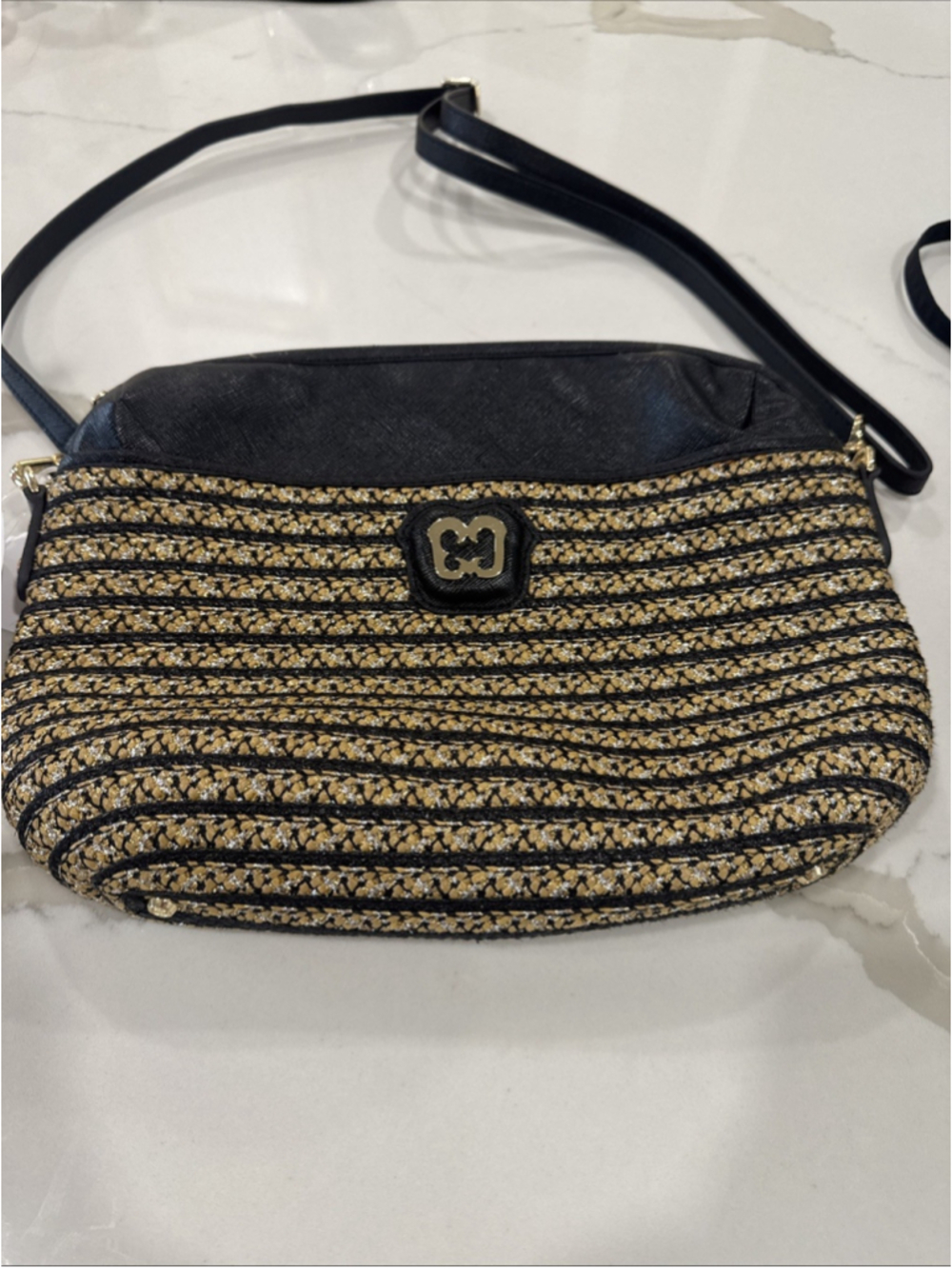 Eric Javits Striped Black Gold Tote Bag Gold-Tone Hardware